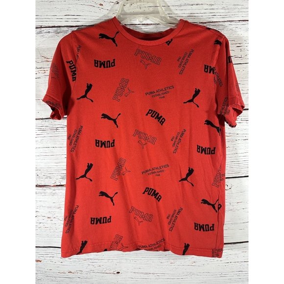 Puma Logo T-Shirt Tee Boys Size Large Red Short Sleeve Athletic Spell Out Cotton - Picture 2 of 7